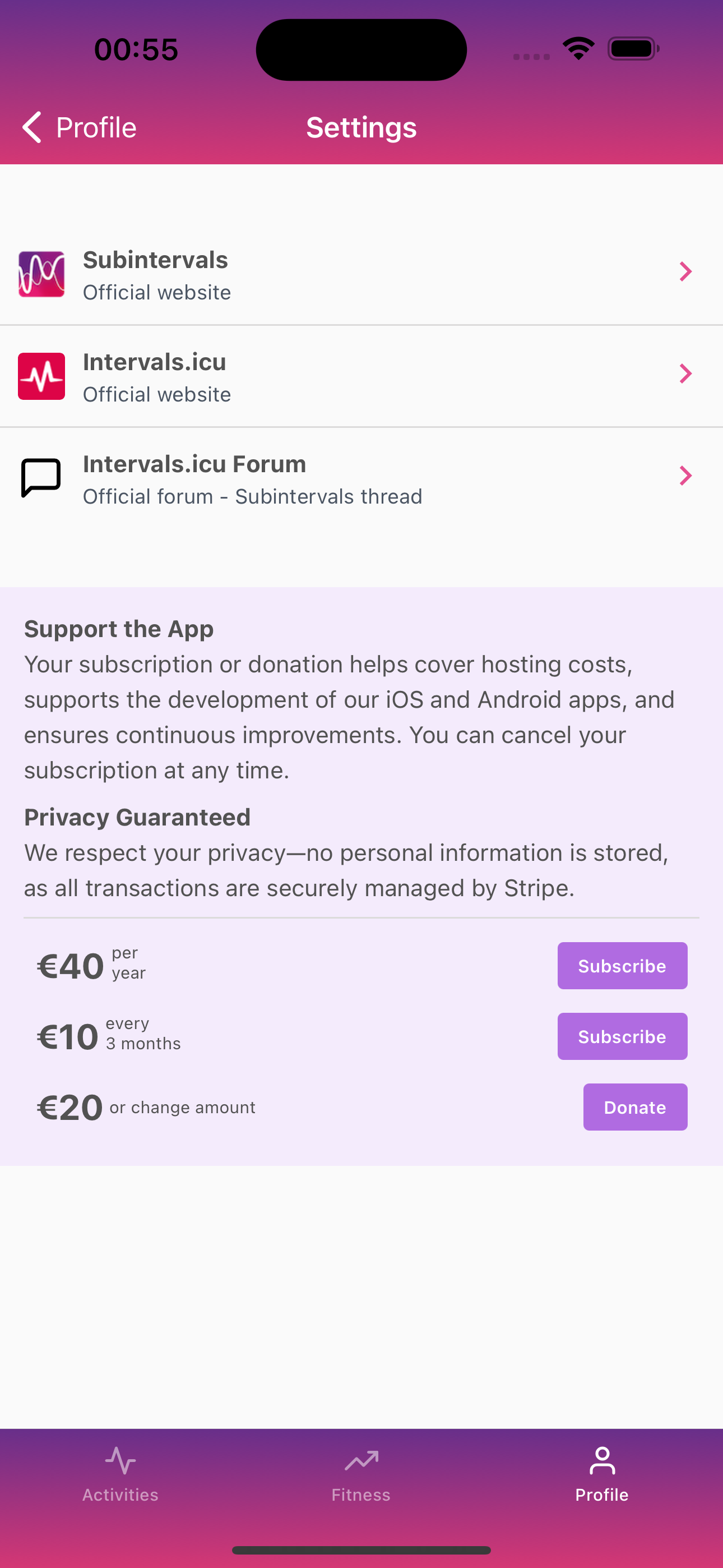 Subintervals Settings Screen