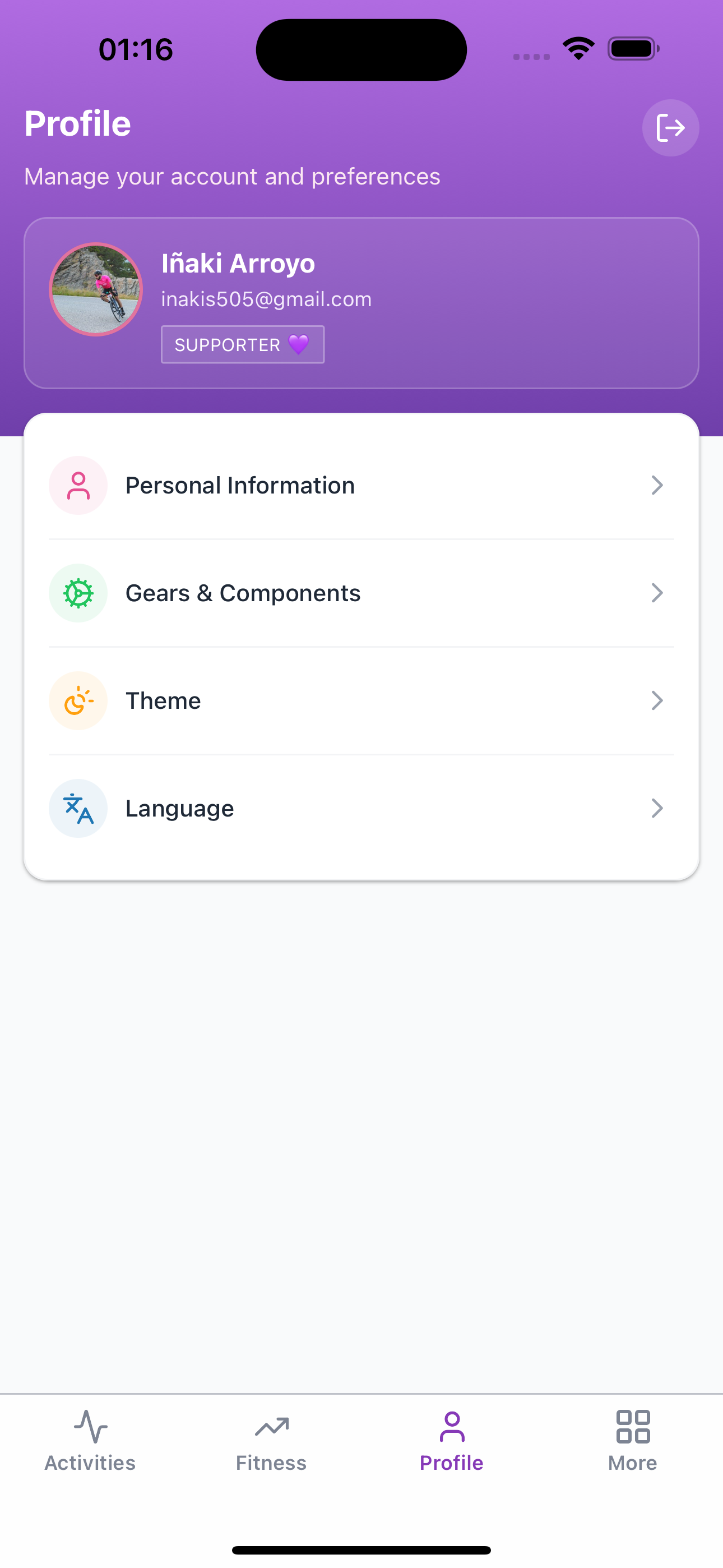 Subintervals Profile screen with personal information, gears, theme, and language