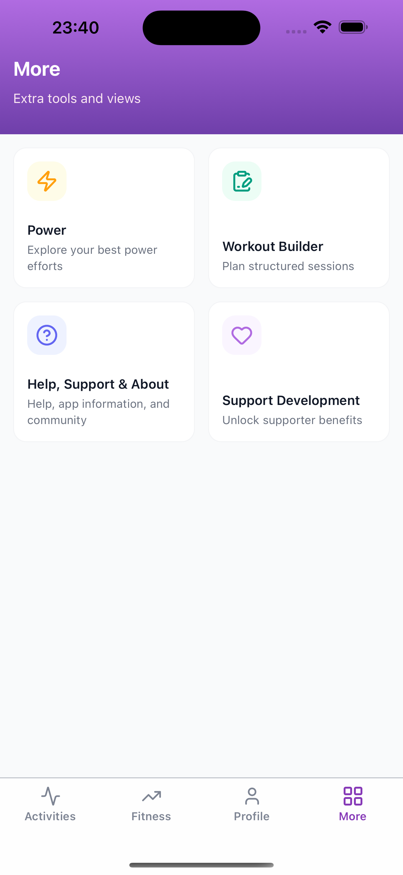 Subintervals More screen with Power, Workout Builder, help, and support options