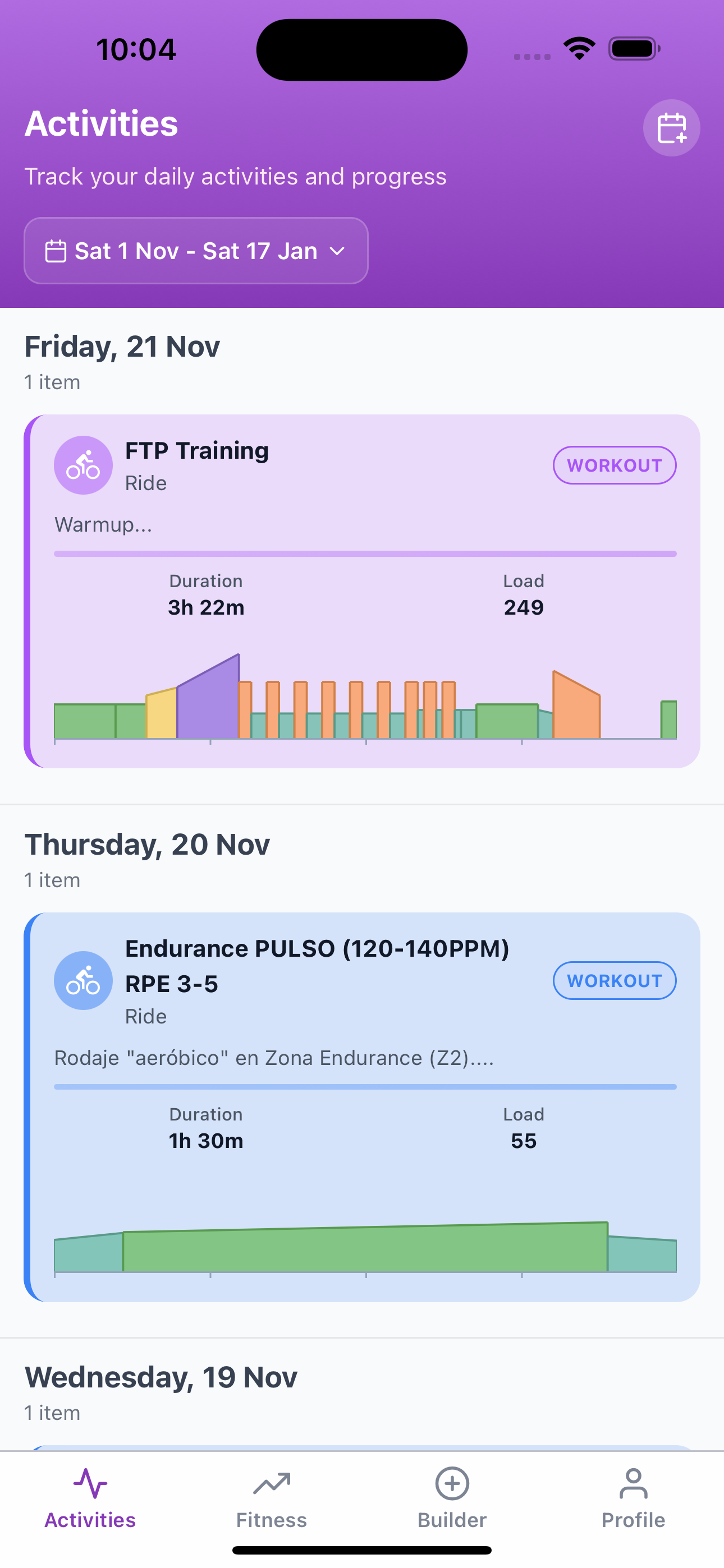 Subintervals training calendar with charts